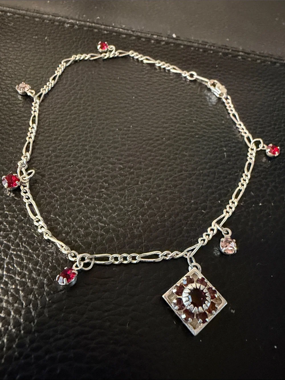 Silver Tone Chain Anklet with Red and Pink Gemstone Charms